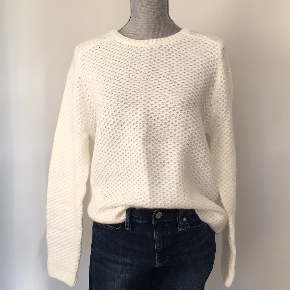 NWT LOFT Winter White Honeycomb Textured Knit Pullover Sweater, size Large ❤️